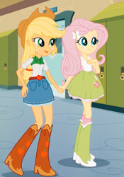 Size: 400x573 | Tagged: safe, derpibooru import, screencap, applejack, fluttershy, human, equestria girls, applejack's hat, boots, clothes, cowboy boots, cowboy hat, denim, denim skirt, hat, long socks, miniskirt, shoes, skirt