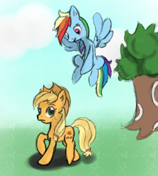 Size: 1436x1597 | Tagged: safe, artist:phillnana, derpibooru import, applejack, rainbow dash, earth pony, pegasus, pony, duo, flying, grass, sketch, spread wings, tree, wings