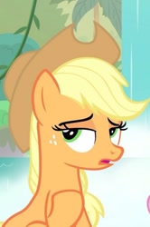 Size: 442x666 | Tagged: safe, derpibooru import, screencap, applejack, earth pony, sounds of silence, cropped, solo, water, waterfall