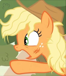 Size: 362x415 | Tagged: safe, derpibooru import, screencap, applejack, earth pony, pony, sounds of silence, cropped, hat, messy mane, solo