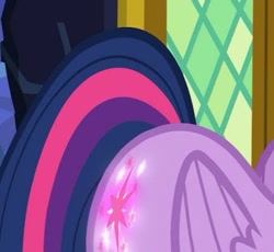 Size: 451x415 | Tagged: safe, derpibooru import, screencap, twilight sparkle, twilight sparkle (alicorn), alicorn, the hooffields and mccolts, cropped, cutie mark, glowing cutie mark, solo, twilight's castle, window