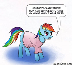 Size: 500x448 | Tagged: safe, artist:el-yeguero, derpibooru import, rainbow dash, pegasus, pony, clothes, dialogue, female, mare, nightgown, signature, simple background, solo, speech bubble, white background