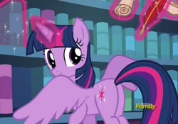 Size: 590x414 | Tagged: safe, derpibooru import, screencap, twilight sparkle, twilight sparkle (alicorn), alicorn, the fault in our cutie marks, book, bookshelf, butt, discovery family, discovery family logo, library, logo, plot, quill, scroll, smiling, solo, spread wings, twibutt, twilight's castle, twilight's castle library, wings