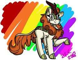 Size: 907x698 | Tagged: safe, artist:sugarkittycat04, derpibooru import, autumn blaze, kirin, cloven hooves, female, looking at you, mare, rainbow, raised hoof, raised leg, simple background, solo, white background