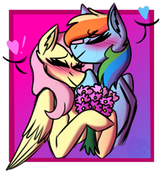 Size: 1912x2000 | Tagged: safe, artist:sugarkittycat04, derpibooru import, fluttershy, rainbow dash, pegasus, pony, blushing, bouquet, duo, duo female, eyes closed, female, flower, flutterdash, gradient background, heart, lesbian, mare, shipping, simple background, transparent background, wings