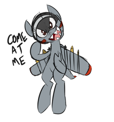 Size: 700x744 | Tagged: artist needed, safe, derpibooru import, oc, oc only, oc:blitz, original species, plane pony, pony, a-10 thunderbolt ii, bomb, brown eyes, colored, come at me bro, digital art, flying, gray coat, looking at you, missile, open mouth, plane, sharp teeth, simple background, smiling, solo, spread wings, teeth, weapon, white background, wings