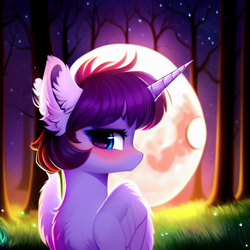Size: 512x512 | Tagged: safe, derpibooru import, generator:stable diffusion, machine learning generated, alicorn, pony, blushing, chest fluff, ear fluff, ears, forest, forest background, horn, moon, night, wings