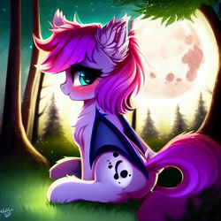 Size: 512x512 | Tagged: safe, derpibooru import, generator:stable diffusion, machine learning generated, alicorn, bat pony, bat pony alicorn, pony, bat wings, blushing, chest fluff, cute, ear fluff, ears, forest, forest background, horn, moon, night, wings