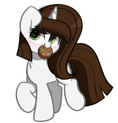 Size: 2412x2504 | Tagged: safe, artist:kittyrosie, derpibooru import, oc, pony, unicorn, clothes, cookie, food, horn, mouth hold, scarf, simple background, transparent background, unicorn oc