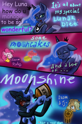 Size: 2085x3148 | Tagged: safe, derpibooru import, applejack, nightmare moon, pinkie pie, princess luna, alicorn, earth pony, pony, alcohol, cake, candy, dreamcatcher, drunk, female, food, go home you're drunk, joke, mare, mooncake, moonshine, sweets, text