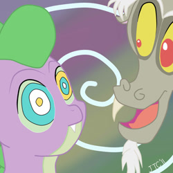 Size: 1024x1024 | Tagged: safe, artist:jimthecactus, derpibooru import, discord, spike, draconequus, dragon, abstract background, discorded, duo, hypno eyes, hypnosis, kaa eyes, male, swirly eyes