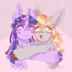 Size: 1000x1000 | Tagged: safe, artist:funnyhat12, derpibooru import, derpy hooves, twilight sparkle, twilight sparkle (alicorn), alicorn, pegasus, pony, duo, ear fluff, ears, eyes closed, gradient background, hug, smiling