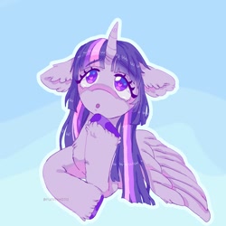 Size: 1500x1500 | Tagged: safe, artist:funnyhat12, derpibooru import, twilight sparkle, twilight sparkle (alicorn), alicorn, pony, :o, bust, gradient background, hoof on chin, open mouth, portrait, solo