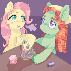 Size: 1500x1500 | Tagged: safe, artist:funnyhat12, derpibooru import, fluttershy, tree hugger, earth pony, pegasus, pony, bong, dreadlocks, drug use, drugs, duo, female, gradient background, heart, heart eyes, mare, table, wingding eyes