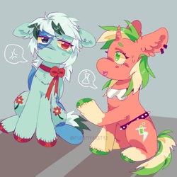 Size: 1500x1500 | Tagged: safe, artist:funnyhat12, derpibooru import, oc, oc only, earth pony, original species, pony, unicorn, duo, gradient background, plush pony, plushie, talking