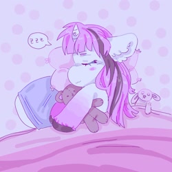 Size: 2000x2000 | Tagged: safe, artist:funnyhat12, derpibooru import, oc, oc only, oc:strawberry smoothie (funnyhat12), pony, unicorn, gradient background, plushie, sleeping, solo, teddy bear