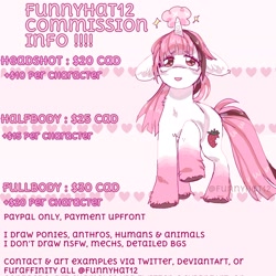 Size: 2048x2048 | Tagged: safe, artist:funnyhat12, derpibooru import, oc, oc only, oc:strawberry smoothie (funnyhat12), pony, unicorn, gradient background, price sheet, solo