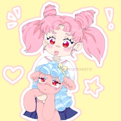 Size: 1500x1500 | Tagged: safe, artist:funnyhat12, derpibooru import, cozy glow, human, pegasus, pony, chibiusa tsukino, duo, ears, floppy ears, holding a pony, sailor moon, simple background