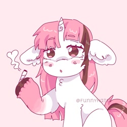 Size: 1500x1500 | Tagged: safe, artist:funnyhat12, derpibooru import, oc, oc only, oc:strawberry smoothie (funnyhat12), pony, unicorn, drug use, drugs, joint, marijuana, simple background, solo