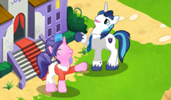 Size: 616x360 | Tagged: safe, derpibooru import, cookie crumbles, shining armor, cute, gameloft, waving