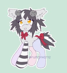 Size: 1657x1805 | Tagged: safe, artist:funnyhat12, derpibooru import, oc, oc only, earth pony, original species, pony, adoptable, bowtie, horns, plush pony, plushie, simple background, solo