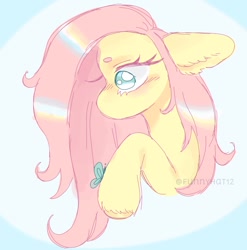 Size: 1440x1456 | Tagged: safe, artist:funnyhat12, derpibooru import, fluttershy, butterfly, pony, bust, gradient background, portrait, solo