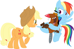Size: 3538x2372 | Tagged: safe, artist:porygon2z, derpibooru import, applejack, rainbow dash, beaver, earth pony, pegasus, pony, angry beavers, applebutt, butt, crossover, daggett doofus beaver, eyes closed, feather, female, floating eyebrows, flying, grin, high res, holding, laughing, male, mare, open mouth, open smile, plot, raised hoof, raised leg, simple background, smiling, smirk, spread wings, tickling, transparent background, trio, wings