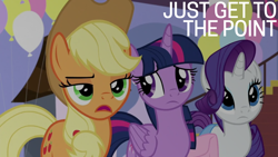 Size: 1920x1080 | Tagged: safe, derpibooru import, edit, edited screencap, editor:quoterific, screencap, applejack, rarity, twilight sparkle, twilight sparkle (alicorn), alicorn, the ending of the end, bag, balloon, saddle bag