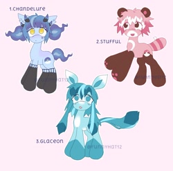 Size: 2048x2033 | Tagged: safe, artist:funnyhat12, derpibooru import, oc, oc only, earth pony, pony, adoptable, clothes, fusion, pokémon, simple background, socks, trio