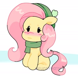 Size: 1525x1526 | Tagged: safe, artist:funnyhat12, derpibooru import, fluttershy, pegasus, pony, chibi, clothes, hat, scarf, simple background, solo, white background