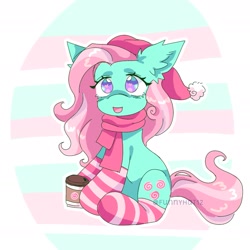 Size: 1525x1526 | Tagged: safe, artist:funnyhat12, derpibooru import, minty, earth pony, pony, g3, christmas, clothes, coffee, gradient background, hat, holiday, santa hat, scarf, socks, solo