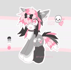 Size: 2024x2005 | Tagged: safe, artist:funnyhat12, derpibooru import, oc, oc only, earth pony, adoptable, clothes, collar, countershading, gradient background, reference sheet, socks, solo