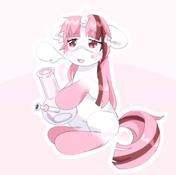 Size: 2024x2005 | Tagged: safe, artist:funnyhat12, derpibooru import, oc, oc only, oc:strawberry smoothie (funnyhat12), pony, unicorn, bong, drug use, drugs, gradient background, solo
