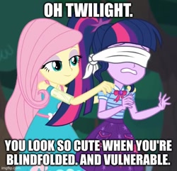 Size: 517x499 | Tagged: safe, derpibooru import, edit, edited screencap, screencap, fluttershy, sci-twi, twilight sparkle, better together, equestria girls, stressed in show, blindfold, caption, fluttershy boho dress, image macro, text