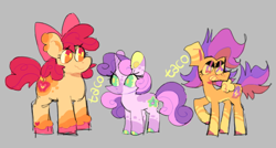 Size: 640x342 | Tagged: safe, artist:tacoscribs, derpibooru import, apple bloom, scootaloo, sweetie belle, earth pony, pegasus, pony, unicorn, alternate cutie mark, cutie mark crusaders, redesign, simple background