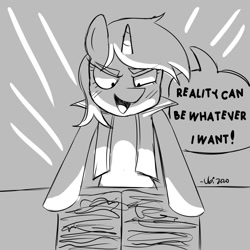 Size: 2000x2000 | Tagged: safe, artist:gop_goopy, derpibooru import, oc, oc:chilly quill, pony, book, clothes, horn, infinity war, meme, reference to another series, shirt, thanos