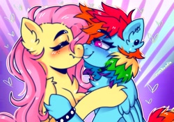 Size: 3301x2329 | Tagged: safe, artist:yumkandie, derpibooru import, fluttershy, rainbow dash, pegasus, pony, bracelet, eyebrows, eyebrows visible through hair, eyes closed, female, flutterdash, heart, heart eyes, jewelry, kiss on the lips, kissing, lesbian, looking at each other, looking at someone, shipping, wingding eyes