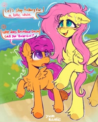 Size: 2685x3354 | Tagged: safe, artist:yumkandie, derpibooru import, fluttershy, scootaloo, pegasus, pony, babygirl, dialogue, female, filly, foal, grass, heart, heart eyes, implied flutterdash, implied lesbian, implied rainbow dash, implied shipping, raised hoof, raised leg, smiling, sweat, talking, wingding eyes