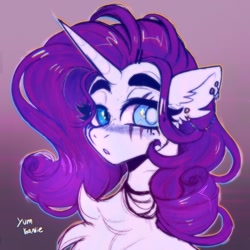 Size: 1722x1724 | Tagged: safe, artist:yumkandie, derpibooru import, rarity, pony, unicorn, lil-miss rarity, bust, ear piercing, eye scar, facial scar, open mouth, piercing, portrait, scar