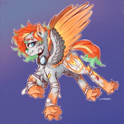 Size: 3313x3313 | Tagged: safe, artist:yumkandie, derpibooru import, oc, oc only, pegasus, pony, bandaid, chest fluff, ear piercing, flying, goggles, piercing, pubic fluff