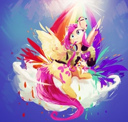 Size: 2347x2235 | Tagged: safe, artist:fishy, derpibooru import, fluttershy, antonymph, cloud, ear piercing, headphones, on a cloud, piercing, rainbow dash's cutie mark, sitting, sitting on cloud, vylet pony