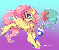 Size: 2048x1764 | Tagged: safe, artist:yumkandie, derpibooru import, fluttershy, brush, pain, running, wide eyes