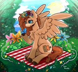 Size: 2960x2732 | Tagged: safe, artist:yumkandie, derpibooru import, oc, oc only, bird, pony, chest fluff, commission, ear fluff, ears, female, flower, forest, grass, picnic blanket, signature, solo, unshorn fetlocks