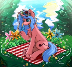 Size: 2960x2732 | Tagged: safe, artist:yumkandie, derpibooru import, oc, oc only, bird, pony, unicorn, chest fluff, commission, ear fluff, ears, female, flower, forest, grass, picnic blanket, signature, solo, unshorn fetlocks