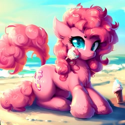 Size: 1024x1024 | Tagged: safe, derpibooru import, machine learning generated, pinkie pie, pony, female, food, ice cream, mare, ocean, sitting, water