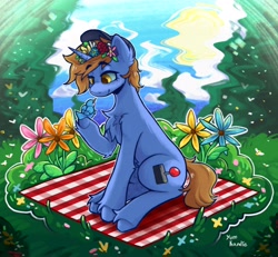 Size: 2960x2732 | Tagged: safe, artist:yumkandie, derpibooru import, oc, oc only, bird, pony, unicorn, chest fluff, commission, ear fluff, ears, female, flower, forest, grass, picnic blanket, signature, solo, unshorn fetlocks