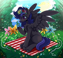 Size: 2960x2732 | Tagged: safe, artist:yumkandie, derpibooru import, oc, oc only, bird, pegasus, pony, chest fluff, commission, ear fluff, ears, female, flower, forest, grass, picnic blanket, signature, solo, unshorn fetlocks