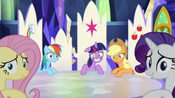 Size: 1280x720 | Tagged: safe, derpibooru import, screencap, applejack, fluttershy, rainbow dash, rarity, twilight sparkle, twilight sparkle (alicorn), alicorn, earth pony, pegasus, unicorn, party pooped, cutie map, ears, floppy ears, looking at you, twilight's castle