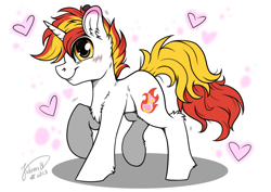 Size: 4093x2894 | Tagged: safe, artist:julunis14, derpibooru import, oc, oc only, pony, unicorn, blushing, chest fluff, coat markings, commission, digital, ear fluff, ears, heart, hoof fluff, leg fluff, looking at you, pose, raised hoof, raised leg, signature, solo