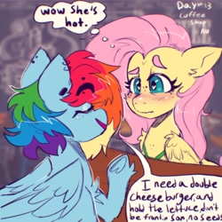 Size: 3500x3500 | Tagged: safe, artist:yumkandie, derpibooru import, fluttershy, rainbow dash, alternate universe, apron, clothes, coffee shop, dialogue, ear piercing, eyes closed, female, flutterdash, lesbian, piercing, shipping, table, thought bubble